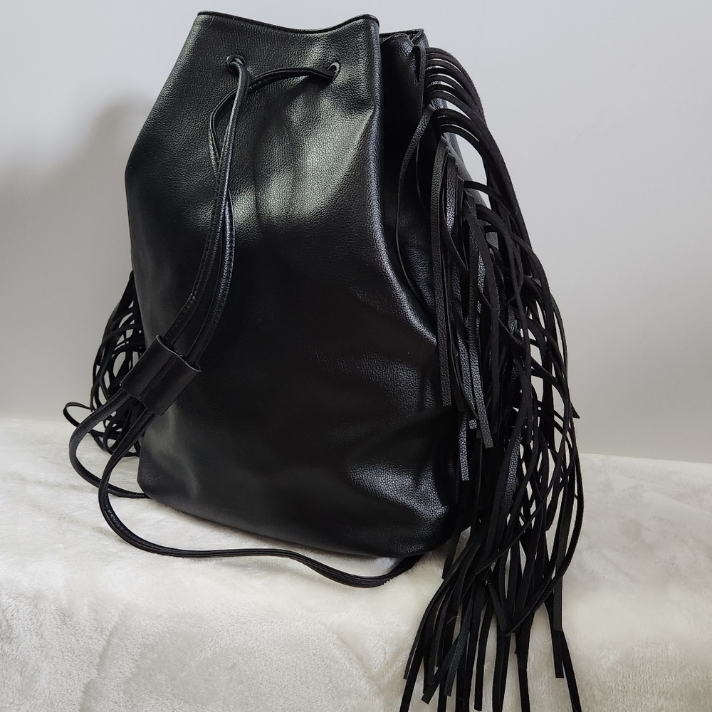 Victoria's Secret VS Black Faux Leather Western Boho Fringe Backpack NWT - Picture 7 of 16